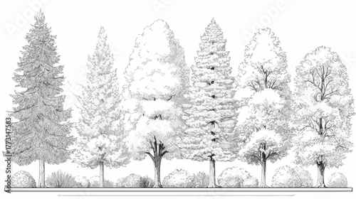 Uma ilustração detalhada em preto e branco apresenta uma diversidade de árvores e arbustos, ideal para projetos de design ecológico ou estudo botânico.