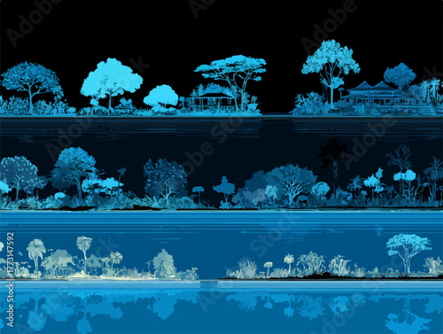 Uma ilustração digital serena de paisagens naturais em tons de azul, exibindo árvores e corpos d'água sob um céu escuro, perfeita para design gráfico.