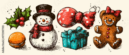 Uma encantadora coleção de ilustrações festivas de Natal, incluindo boneco de neve, azevinho, presentes e doces, perfeita para celebrações de inverno.