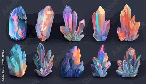 Uma coleção vibrante de cristais e gemas místicas, ilustrados com cores iridescentes, evocando um ambiente mágico e encantador.