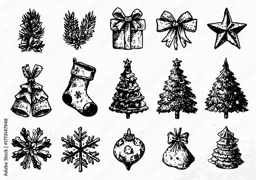 Uma encantadora coleção de ilustrações festivas de Natal desenhadas à mão, perfeitas para projetos de design e saudações sazonais.