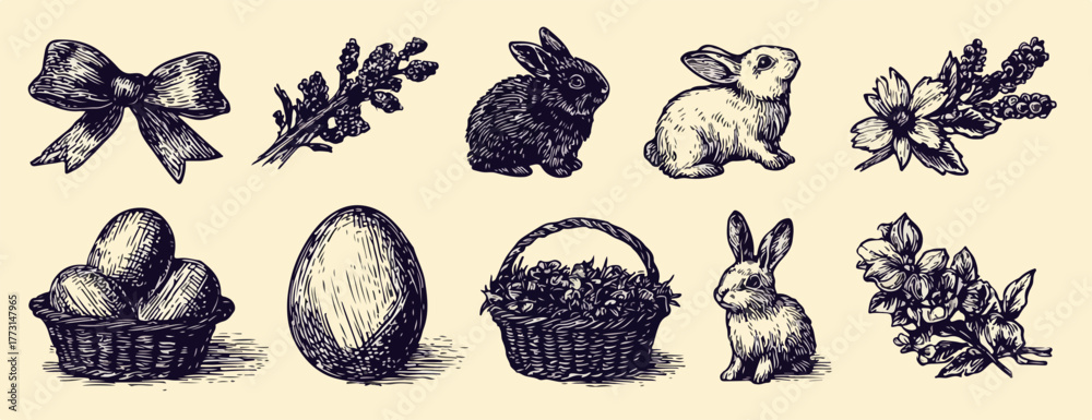 Encantadora coleção de elementos vintage desenhados à mão, com coelhos, ovos de Páscoa, laços e ramos florais para celebrações primaveris.
