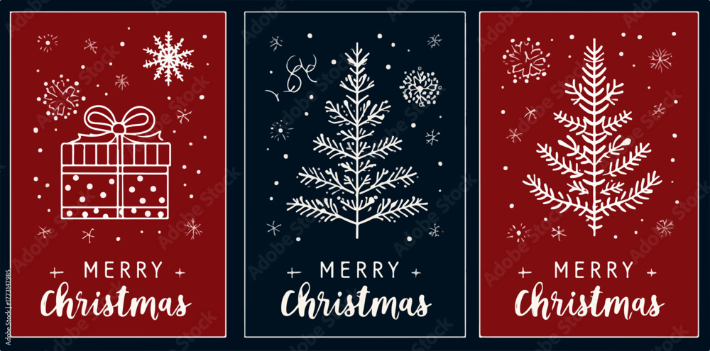 Obraz premium Conjunto de três cartões de Natal festivos com ilustrações desenhadas à mão de árvore, presente e flocos de neve, com texto 'Merry Christmas'.
