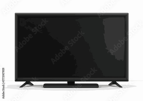 Esta televisão de tela plana moderna e elegante, com sua tela escura e base minimalista, representa a tecnologia de entretenimento doméstico contemporânea.