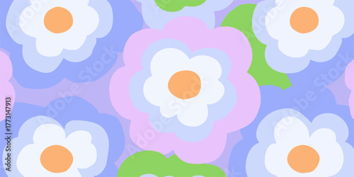 Textura vibrante de flores em estilo retrô, com pétalas em camadas de cores suaves, criando um padrão alegre e contínuo.