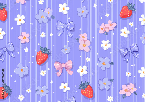 Um padrão encantador e delicado com morangos vibrantes, laços fofos e flores suaves, adornando um fundo listrado em tons de lilás.