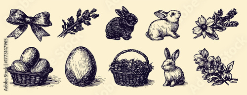 Encantadora coleção de elementos vintage desenhados à mão, com coelhos, ovos de Páscoa, laços e ramos florais para celebrações primaveris.