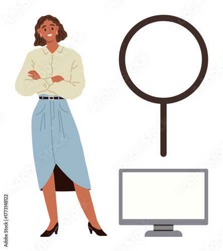 Woman in formal attire representing confidence beside a magnifying glass and computer monitor. Ideal for research, analysis, search, technology, business, career growth, education themes. Simple flat