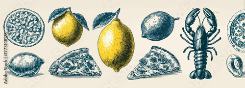 Desenho artístico detalhado de uma variedade de alimentos, incluindo limões frescos, fatias de pizza e um lagosta, em estilo vintage e colorido.