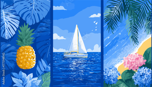 Esta ilustração tríptica vibrante exibe a alegria do verão tropical, com abacaxi, veleiro no mar e flores, inspirando férias e relaxamento.