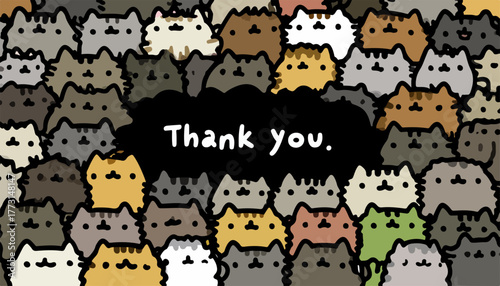 Desenho alegre de diversos gatos fofos em diferentes tons, formando um padrão vibrante com a frase 'Thank you' no centro, ideal para expressar gratidão.
