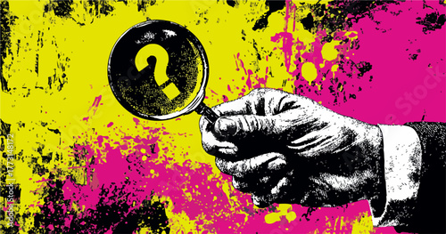 Uma mão misteriosa empunha uma lupa com um ponto de interrogação, investigando a incerteza em um fundo abstrato e vibrante.