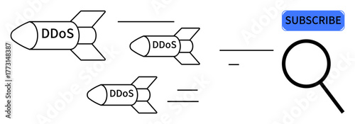 DDoS-labeled missiles moving toward search icon and subscribe button. Ideal for technology, cybersecurity, internet safety, data protection, online threats, attack prevention, user control. Simple