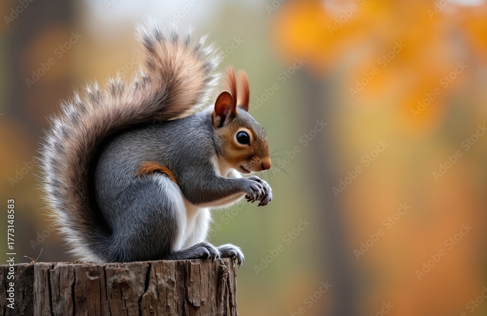 Obraz premium Grey squirrel perched on tree stump, holding food with paws. Fluffy tail raised high, looking sideways. Autumnal leaves create soft, blurred background.