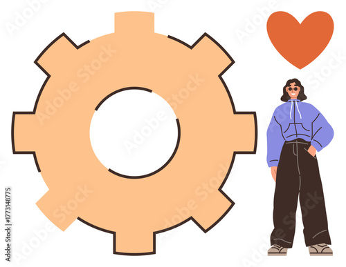 Large mechanical gear beside casually dressed woman in hoodie and heart above. Ideal for teamwork, creativity, collaboration, innovation, problem-solving, self-confidence, motivation. Simple flat