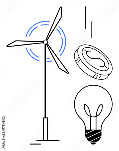 Wind turbine spinning, coin signifying financial benefits, light bulb for eco-innovation. Ideal for renewable energy, green technology, environmental awareness, clean energy, eco economy, innovation
