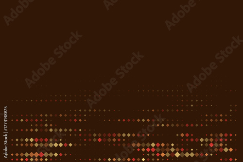 Modern abstract geometric background with a vibrant mosaic of small diamond shapes in warm red, orange, and yellow tones on a deep brown backdrop, creating a dynamic digital pattern.