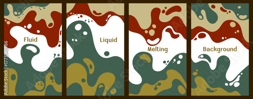 Melting colorful waves pattern summer banners. Bubble splashes and streams vector templates set. Fluid liquid flowing paint flyers. Wavy surface posters. Fluid droplets, melting shapes