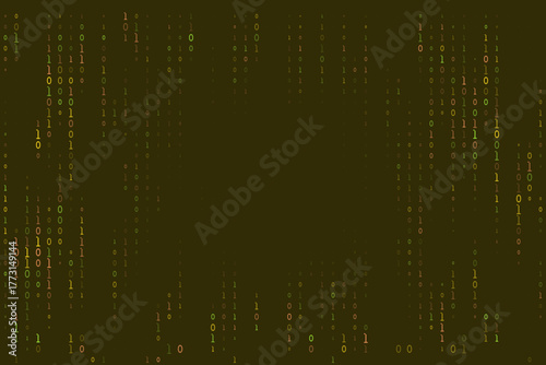 Abstract digital rain background with streaming binary code, featuring falling zeros and ones in vibrant green, yellow, and orange hues, representing data flow and technology.
