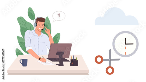 Customer support agent using a headset at a desk, computer, and cloud with time and scissors. Ideal for communication, deadline, customer service, time management, productivity, assistance simple