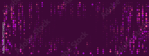 Abstract dark purple background with scattered vibrant pink and magenta diamond shapes creating a modern geometric digital pattern and dynamic texture.