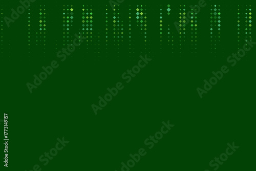 Abstract dark green background with light green diamond shapes falling from top, creating a digital rain or matrix code effect, modern technology concept.