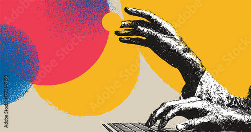 Uma mão texturizada interage com um teclado, cercada por formas abstratas e coloridas que simbolizam a criatividade digital e a comunicação moderna.