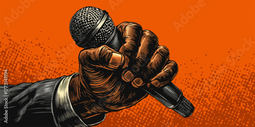 Uma mão segura firmemente um microfone clássico, ilustrando o poder da voz e da expressão artística em um palco vibrante.