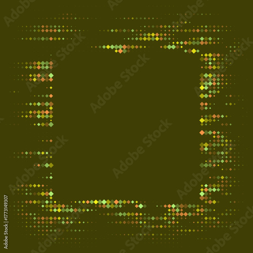 Abstract Digital Frame with Colorful Pixelated Diamond Shapes on a Dark Olive Green Background, Modern Geometric Pattern Border Design
