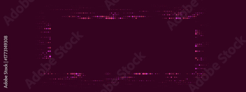Abstract digital frame with glowing pink and purple pixels on a transparent background, creating a modern technology border effect