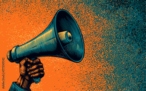 Mão segura um megafone vintage, emitindo uma mensagem poderosa e urgente contra um fundo texturizado vibrante, simbolizando comunicação e protesto.