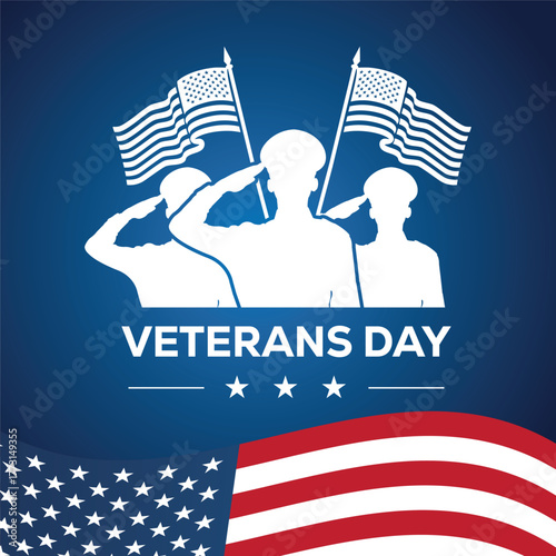 Veterans Day illustration featuring a saluting soldier silhouette with two American flags on a blue background. Patriotic design honoring military service, courage, and national pride in the USA.