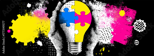 Mãos seguram uma lâmpada de quebra-cabeça multicolorida com elementos artísticos e engrenagens, simbolizando criatividade e solução de problemas.