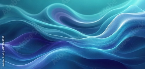 Abstract blue and green fluid waves flow smoothly. Soft light shines on the rippling textures creating a serene, elegant, liquid motion background effect.