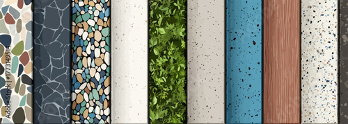Esta imagem exibe uma rica variedade de texturas e padrões, desde o orgânico terrazzo e folhagem até o robusto concreto e a elegante madeira, inspirando projetos.