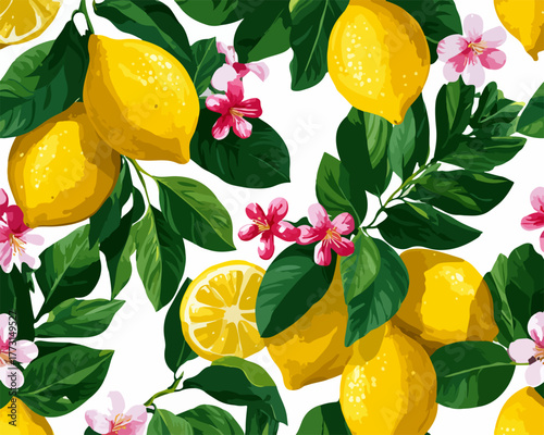 Padrão floral vibrante e sem costura com limões frescos, folhas verdes e flores delicadas, perfeito para designs de verão e primavera.