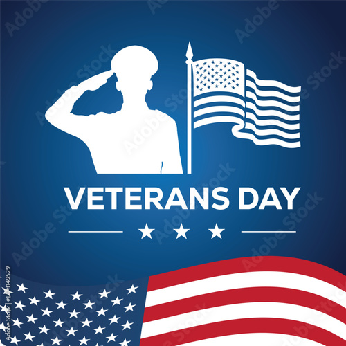 Veterans Day illustration featuring a saluting soldier silhouette with two American flags on a blue background. Patriotic design honoring military service, courage, and national pride in the USA.