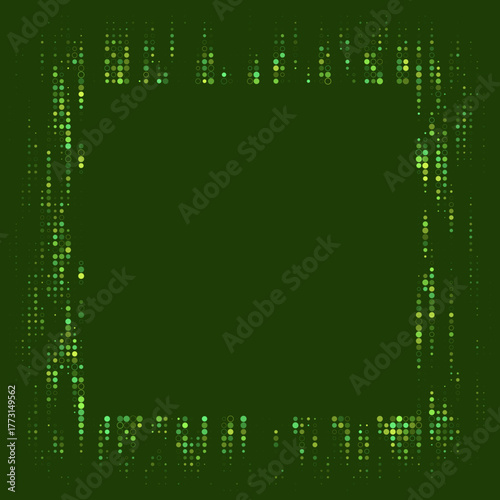 Abstract digital green dots and circles forming a rectangular frame on a transparent background, modern technology border design with a futuristic data stream aesthetic.