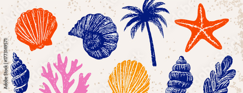 Ilustração vibrante de elementos marinhos e tropicais, com conchas coloridas, estrelas-do-mar e uma palmeira estilizada, evocando a atmosfera de verão.