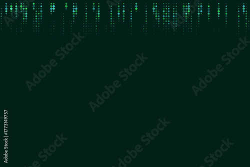 Abstract digital rain pattern with falling green and blue diamond shapes on a dark green background, representing technology and data flow.