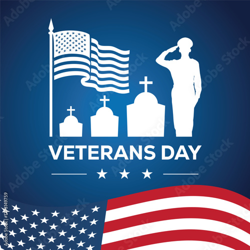 Veterans Day illustration featuring a saluting soldier silhouette with two American flags on a blue background. Patriotic design honoring military service, courage, and national pride in the USA.