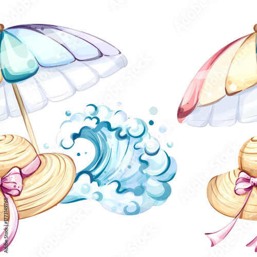Seamless pattern background wallpaper featuring summer beach umbrellas, sea waves, and straw hats ideal for vacation themes and festive occasions