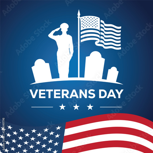 Veterans Day illustration featuring a saluting soldier silhouette with two American flags on a blue background. Patriotic design honoring military service, courage, and national pride in the USA.