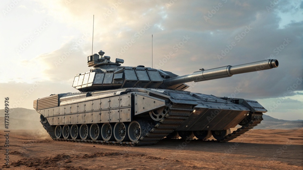 Fototapeta premium Futuristic Modern Battle Tank on Desert Terrain with Metallic Silver Armor and Cannon