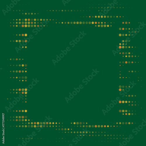 Abstract digital frame with pixelated dots and hexagons in green and yellow tones on a transparent background, creating a modern geometric pattern.