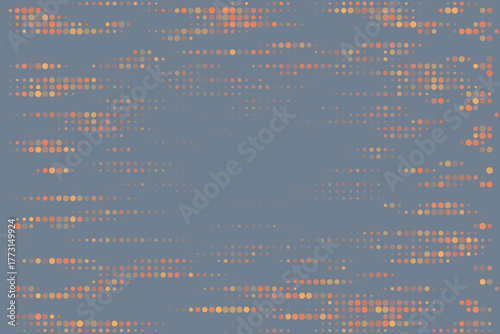 Abstract digital dot pattern background with warm orange and yellow circles on a cool grey-blue surface, modern technology design.
