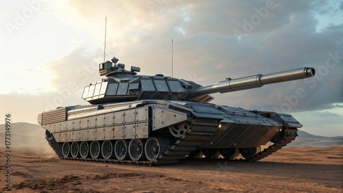 Futuristic Modern Battle Tank on Desert Terrain with Metallic Silver Armor and Cannon