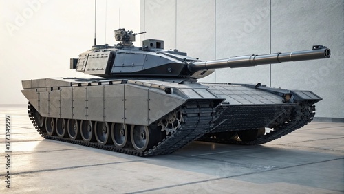 Futuristic Modern Battle Tank on Desert Terrain with Metallic Silver Armor and Cannon