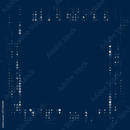 Abstract digital frame with glowing dots and circles on a dark blue background, modern technology border design for data and tech concepts.