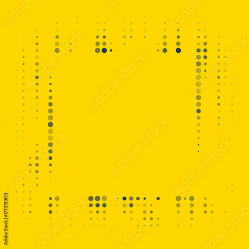 Abstract digital frame pattern on a vibrant yellow background, featuring geometric hexagons and dots in a modern graphic design for technology and art.